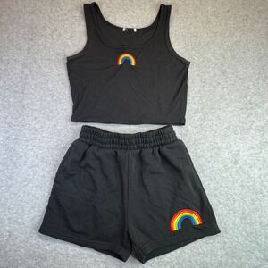Love Streak Womens M Crop Tank and Shorts Lounge Set Black Rainbow